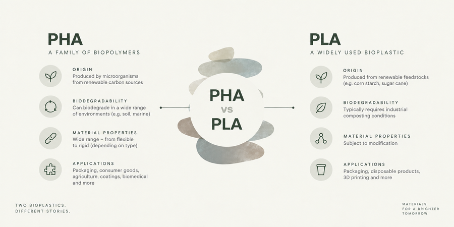 PHA vs PLA comparison showing differences in origin, biodegradability, material properties and applications